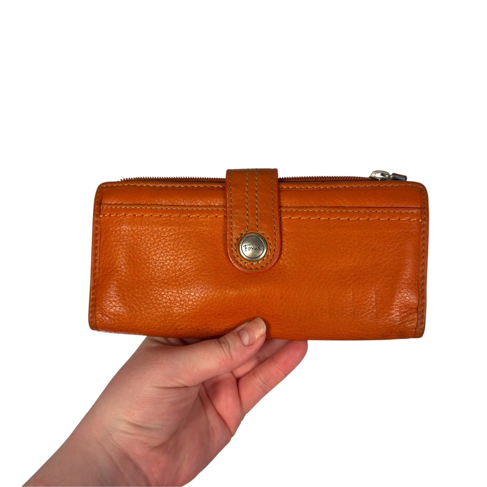 Fossil Leather Clutch Wallet OS Tan Orange Snap Zip Bifold Boho SWL9809